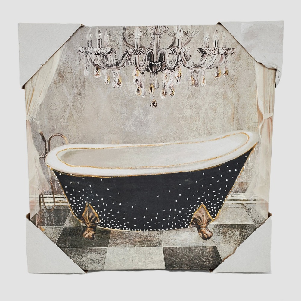 Glam Rhinestone Embellished Clawfoot Bathtub Chandelier Canvas Wall Art Decor